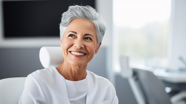 Closeup of a smiling female patient in a dental chair undergoing treatment using dental instruments Dentistry Modern medicine concept