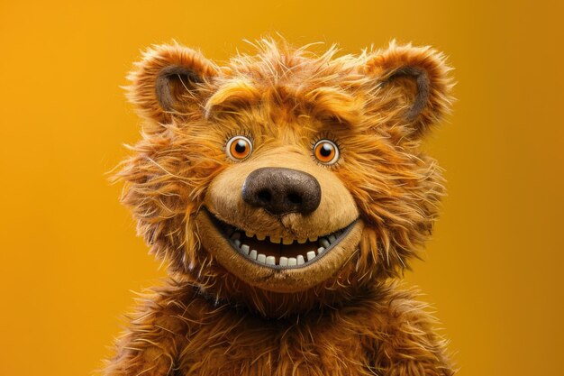 Photo closeup of a smiling furry bear puppet against yellow background