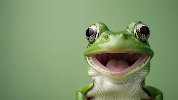 Photo closeup of a smiling green tree frog with big eyes against a green background