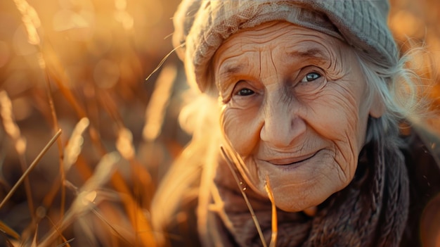 Closeup of a smiling old woman seeing straws in nature