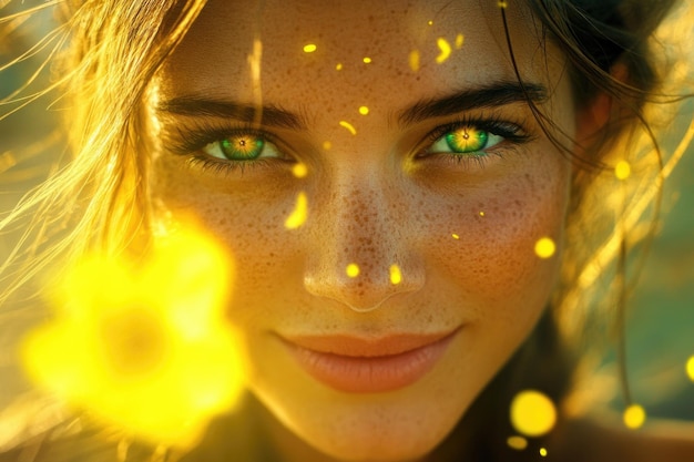 Photo closeup of a smiling woman with freckles and bright green eyes surrounded by golden light and floral elements