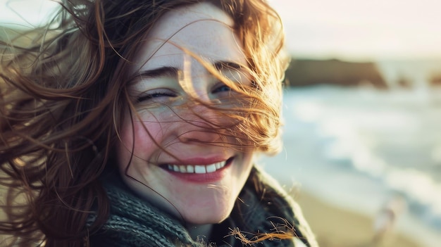 Photo a closeup of a smiling woman with windblown hair standing near the shore capturing a moment of sheer happiness and freedom