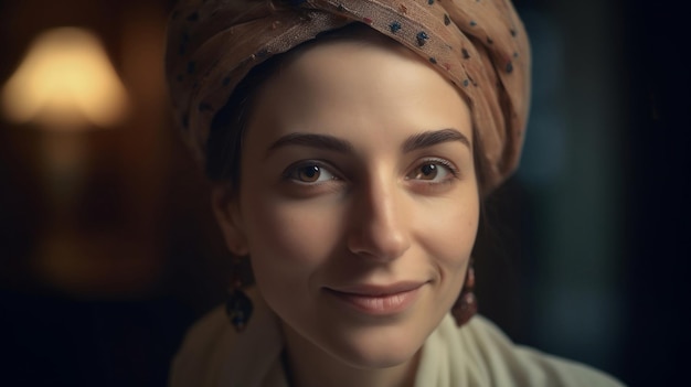 Closeup of a smiling young Orthodox Jewish woman wearing a headscarf