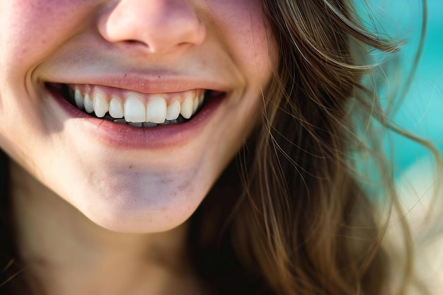 Closeup of a smiling young womans white teeth on the beach