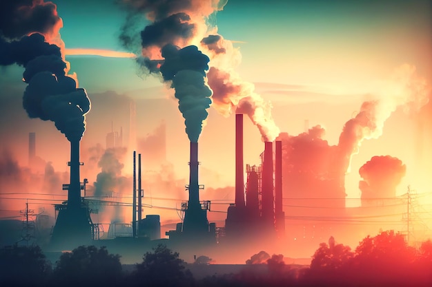 Closeup of the smoking chimneys of a factory environmental pollution Generative AI