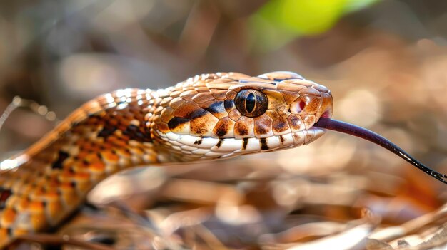 Closeup of snake with forked tongue in natural setting