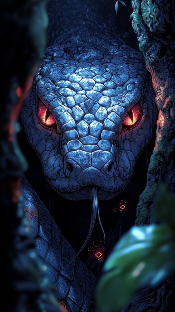 Closeup of a Snakes Face with Red Eyes in the Forest