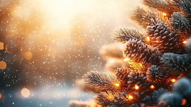 Closeup of a snowcovered pine branch with warm lights and a bokeh background