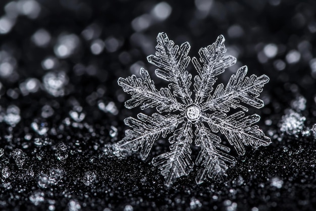 Photo closeup of snowflake resting on black surfaces macro shot of a snowflake intricate winter detail