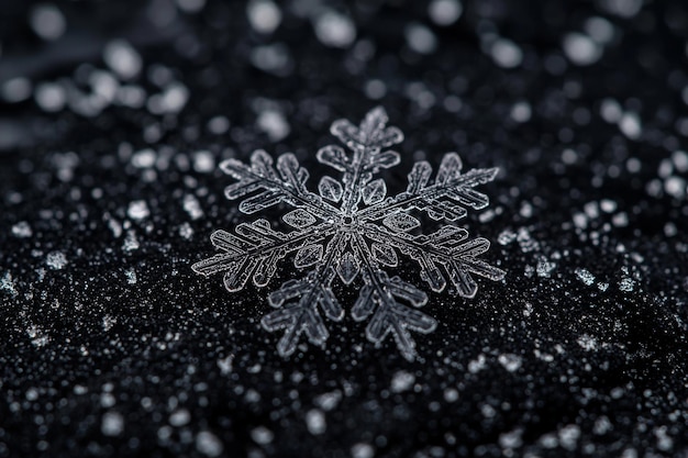 Photo closeup of snowflake resting on black surfaces macro shot of a snowflake intricate winter detail