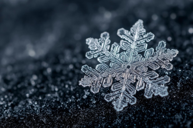 Photo closeup of snowflake resting on black surfaces macro shot of a snowflake intricate winter detail