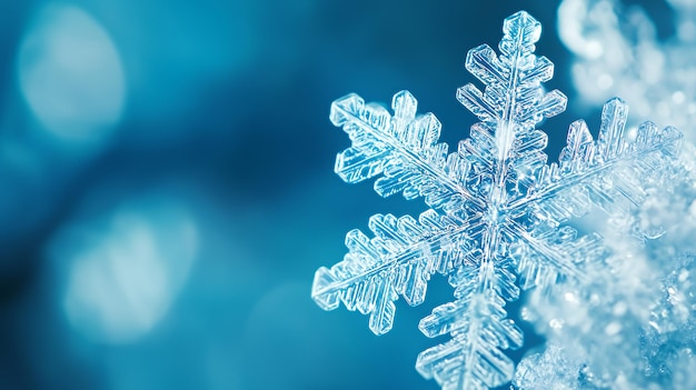 A closeup of a snowflake with a blue blurred background