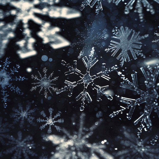 closeup of snowflakes falling against a black background