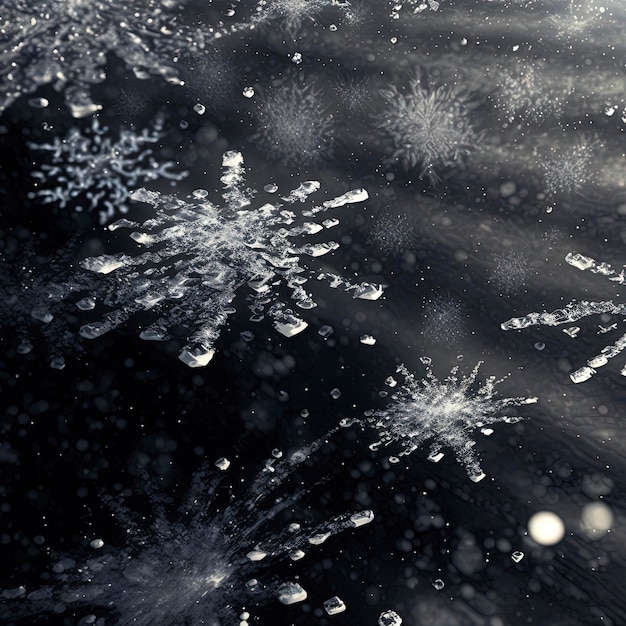 closeup of snowflakes falling against a black background