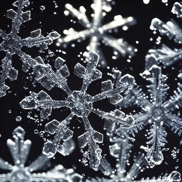 closeup of snowflakes falling against a black background