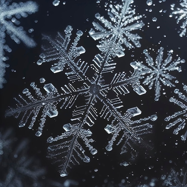 closeup of snowflakes falling against a black background