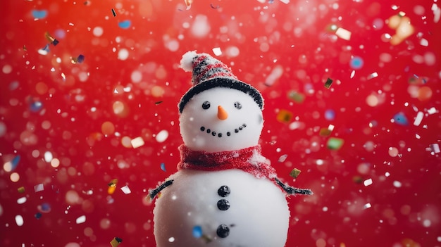 Photo closeup of snowman with red background and holiday confetti