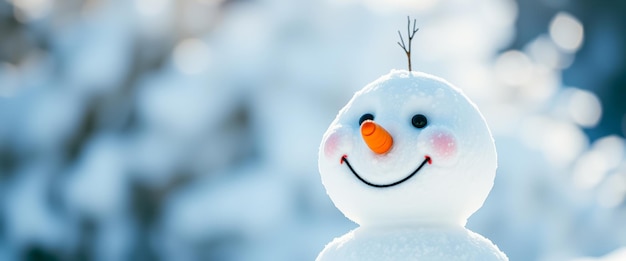 Photo closeup of a snowmans face with a carrot nose and twig arms