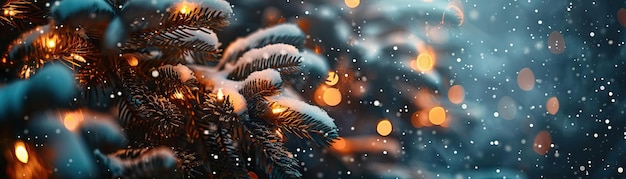 A closeup of a snowy Christmas tree adorned with twinkling garland lights casting a warm glow ample space on the right for text