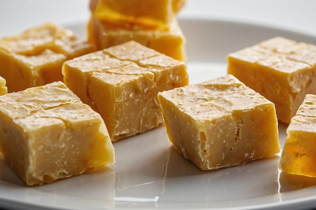 Closeup of Soan Papdi cubes on a white plate