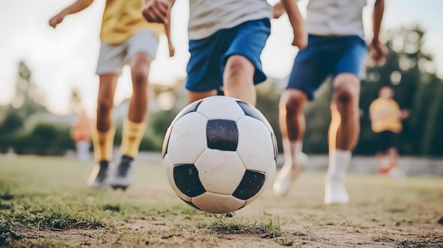 Photo closeup of a soccer ball as kids play on a field