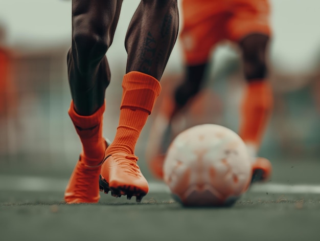 Photo closeup of soccer player kicking ball on wet field