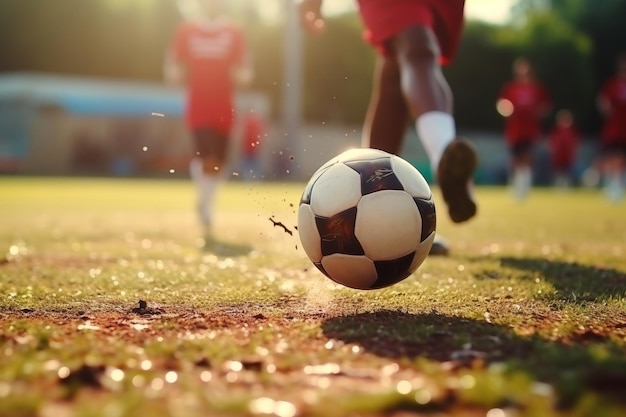 Closeup of soccer player wearing boots kicking football during professional match on field