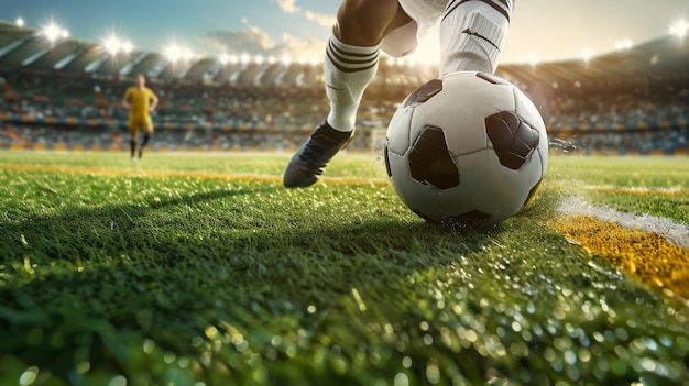 Closeup of soccer players foot in cleats kicking ball during intense football game on field