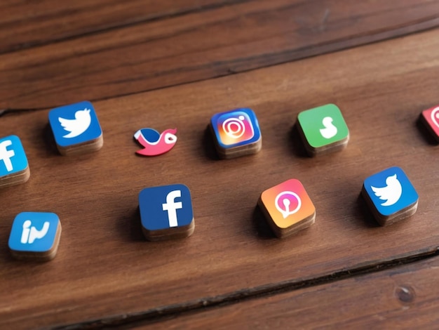 Closeup of social media icons on wooden table