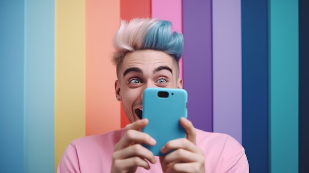 A closeup of a social media junkie man giggling at a social media post while holding his phone The Generative AI