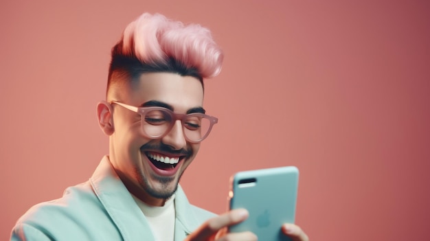 A closeup of a social media junkie man giggling at a social media post while holding his phone The Generative AI