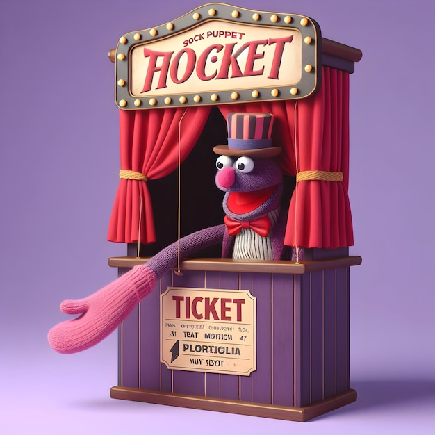 A closeup of a sock puppet theater ticket booth inviting audiences to enjoy a magical performance