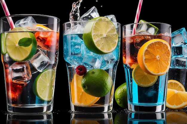 Photo closeup of soft drinks a glass of delicious refreshing summer water with ice