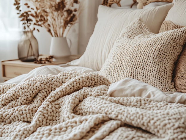 Photo closeup of a soft textured blanket folded on a bed with fluffy pillows