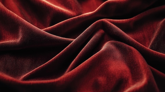 A closeup of soft velvety fabric in a deep red with light and shadows enhancing its rich texture and depth