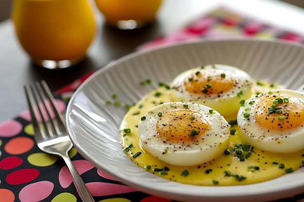 Photo closeup of softboiled eggs with hollandaise sauce and chives