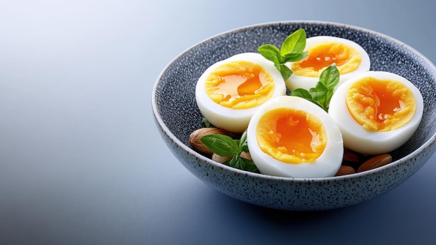 Photo closeup of softboiled eggs with vibrant yolks garnished with fresh basil leaves served in a textured gray bowl