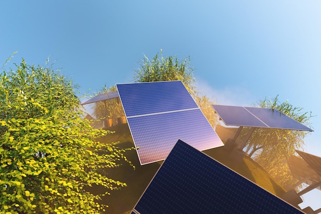 Closeup of solar panels in fog on a green sphere with grass and trees lit by warm light