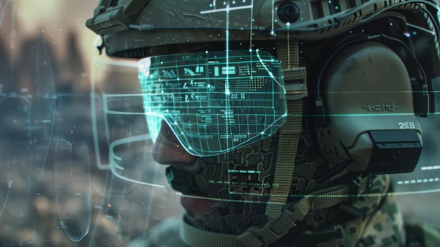 Photo closeup of a soldier wearing a helmet with a futuristic visor displaying digital data