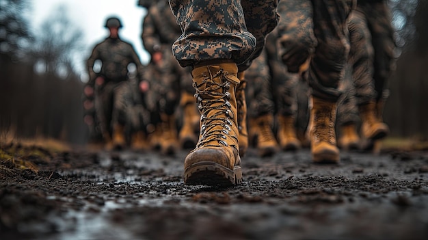 Closeup of a Soldier39s Boots in a Line of Marching Soldiers