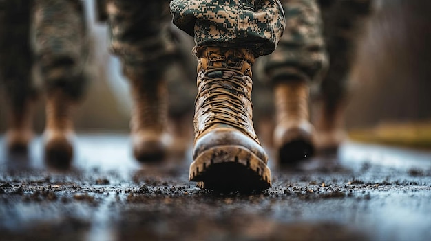 Closeup of a Soldier39s Boots Walking on Muddy Ground