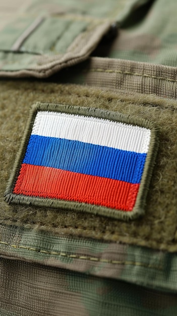 Photo closeup of a soldiers russian flag patch on a camouflage uniform with space for b solutions branding