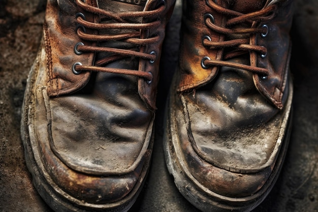 Closeup of the soles of wellworn leather boots created with generative ai