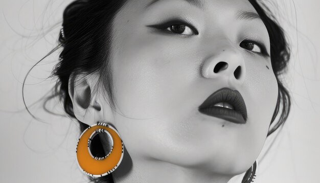 CloseUp of Sophisticated Woman in Monochrome with Accent Earrings