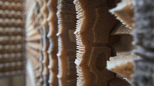 A closeup of a soundproof room shows a crosssection of the walls revealing layers of acoustic