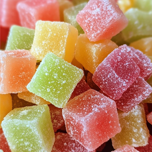 Photo a closeup of sour fruit chews with a chewy texture and intense tartness