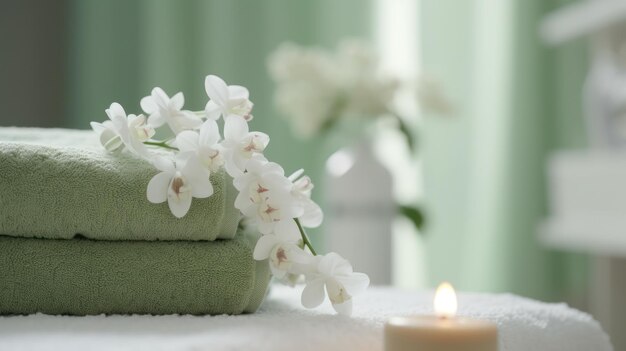 Closeup of Spa with White and Sage Towel AI Generated