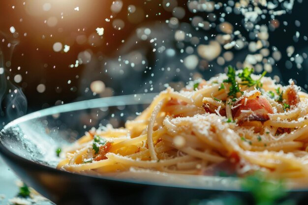 Photo closeup of spaghetti carbonara with parmesan and parsley in rustic setting