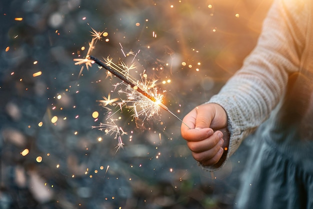 Photo closeup of sparkler held in childs hand