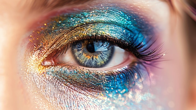 Closeup of a sparkling blue eye with colorful glitter makeup